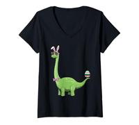 Mujer Huevo de oreja de conejo de dinosaurio, día de Pascua, dinosaurio para niños Camiseta Cuello V