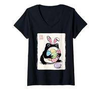 Mujer Huevos de Pascua Sumi-e japoneses de Rana gruñona Pascua Divertida Camiseta Cuello V