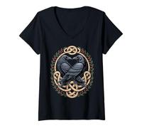 Mujer Huginn & Muninn Ravens - Mito nórdico Nudo Celta Obra de Arte Camiseta Cuello V