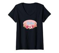 Mujer Hula Danza para lección de Hula Aloha Tropical Hawaii Hibisco Lindo Popular Plumeria Hawaiano Negro Camiseta Cuello V