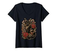 Mujer Humo Maine Coon Cat Rose Gothic Vintage Tattoo Art Camiseta Cuello V