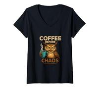 Mujer Humor del Caos de la mañana del búho del café Camiseta Cuello V