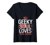 Mujer Humor friek Divertido Amante del Pollo Frito Nerd Food Obsesión Camiseta Cuello V