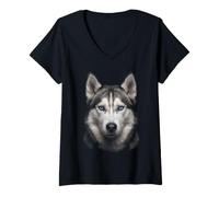 Mujer Husky Siberiano Cara Animal Cachorro Vida Silvestre Natural Camiseta Cuello V