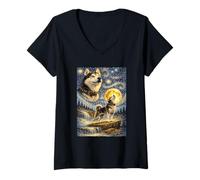 Mujer Husky Siberiano Noche Estrellada Van Gogh Howling Dog Husky Camiseta Cuello V