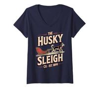 Mujer Husky Sleigh Co - Huskies siberianos clásicos - Vintage Camiseta Cuello V