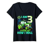 Mujer I Am 3 This is How I Roll Two Years Old Tractor 3er Cumpleaños Camiseta Cuello V