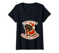 Mujer I Believe In Santa Paws Perro Ruso Negro Mamá Papá Navidad Camiseta Cuello V