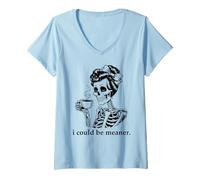 Mujer I Could Be Meaner Skeleton Drinking Coffee Cup Mean Coworker Camiseta Cuello V