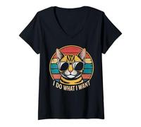 Mujer I Do What I Want Cool Cat Gafas de Sol Vintage Sunset Camiseta Cuello V