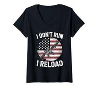 Mujer I Don't Run I Reload AR 15 Rifle Bandera USA Patriota Camiseta Cuello V