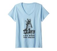 Mujer I Fix What You Break Funny Mecánico Mapache DIY Técnico Camiseta Cuello V
