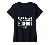 Mujer I Found Jesus Still Looking for Bigfoot Funny Christian Camiseta Cuello V