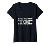 Mujer I Hate Programming It Works - Codificador de programación Divertido Camiseta Cuello V