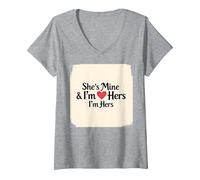 Mujer I Heart My Girlfriend: Ella es mía & Soy Ella Cita romántica Camiseta Cuello V, Gris Jaspeado, L