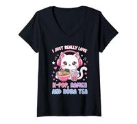 Mujer I Just Really Love K-Pop Ramen y Boba Tea Cute Cat Camiseta Cuello V