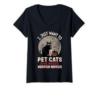 Mujer I Just Want To Pet Cats and Watch Horror Movies Murderous Camiseta Cuello V