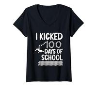 Mujer I Kicked 100 Days of School Soccer 100th Day Sport Niños Niños Camiseta Cuello V