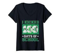 Mujer I Kicked 100 Days of School Soccer 100th Day Sport Niños Niños Camiseta Cuello V