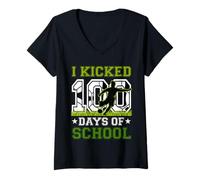 Mujer I Kicked 100 Days of School Soccer 100th Day Sport Niños Niños Camiseta Cuello V