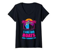 Mujer I Like Big Boats Funny Cruise Life Vintage Sunset Vacaciones Camiseta Cuello V