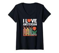 Mujer I Love Amsterdam Tulip Canal Casas Bicicleta Camiseta Cuello V