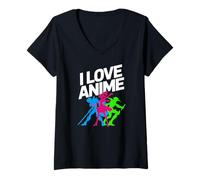 Mujer I Love Anime Vibrante Silueta Arte Camiseta Cuello V