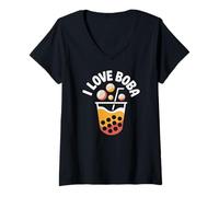 Mujer I Love Boba Bubble Tea Bebida Diversión Camiseta Cuello V