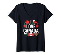 Mujer I Love Canada - Bandera de alce y castor con corazón Camiseta Cuello V