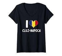 Mujer I Love Cluj-Napoca Rumania Bandera Rumana Corazón Camiseta Cuello V