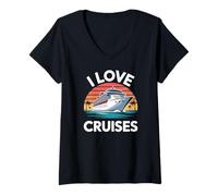 Mujer I Love Cruises Puesta del sol Ocean Vacaciones Diversión Camiseta Cuello V