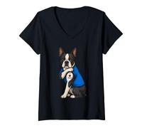 Mujer I Love Dad Tattoed Dog Daddy Boston Terrier Dueño Amante de los Perros Camiseta Cuello V