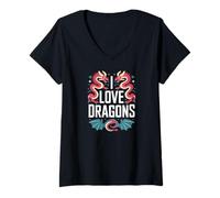 Mujer I Love Dragons Arte de criaturas míticas Camiseta Cuello V