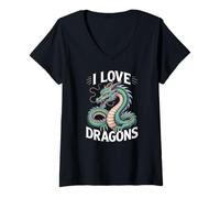 Mujer I Love Dragons Arte de criaturas míticas Camiseta Cuello V