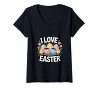 Mujer I Love Easter Cute Chicks Huevos coloridos Camiseta Cuello V