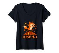 Mujer I Love Fall Fox - Lindo Animal de otoño Camiseta Cuello V