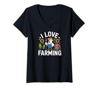 Mujer I Love Farming Pollo Girasol Granero Camiseta Cuello V