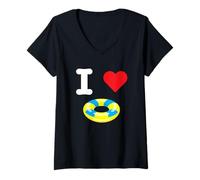 Mujer I Love Flotadores de piscina Balsa Fiesta de verano Océano Agua Diversión Relax Camiseta Cuello V
