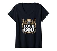 Mujer I Love God Angel Wings Halo Declaración espiritual Camiseta Cuello V
