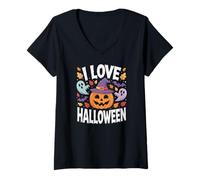 Mujer I Love Halloween calabaza fantasmas hojas Camiseta Cuello V