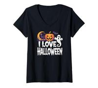 Mujer I Love Halloween Fantasma Calabaza Gato Luna Camiseta Cuello V