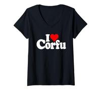 Mujer I Love Heart CORFU Grecia Islas GRIEGAS MAR JONIO Camiseta Cuello V