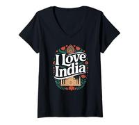 Mujer I Love India Taj Mahal Arte Floral India Camiseta Cuello V