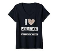 Mujer I Love Jesus Loves You Waffel Corazón Cristiano Gráfico Diseño Camiseta Cuello V
