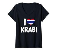 Mujer I Love Krabi Tailandia Souvenir Bandera Tailandesa Corazón Camiseta Cuello V