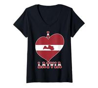 Mujer I Love Letonia Restauración del Día de la Independencia Bandera Corazón Camiseta Cuello V