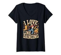 Mujer I Love Line Dancing Cowboy Hat Guitarra Camiseta Cuello V