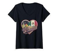 Mujer I Love Mexico Heart - Recuerdo de la Bandera de México y Las pirámides Aztecas Camiseta Cuello V
