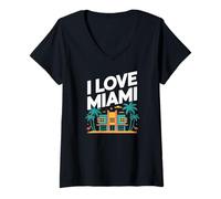 Mujer I Love Miami Art Deco Palmeras Flamencos Camiseta Cuello V