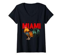 Mujer I Love Miami, Cool Miami with Colorful Rooster Illustration Camiseta Cuello V